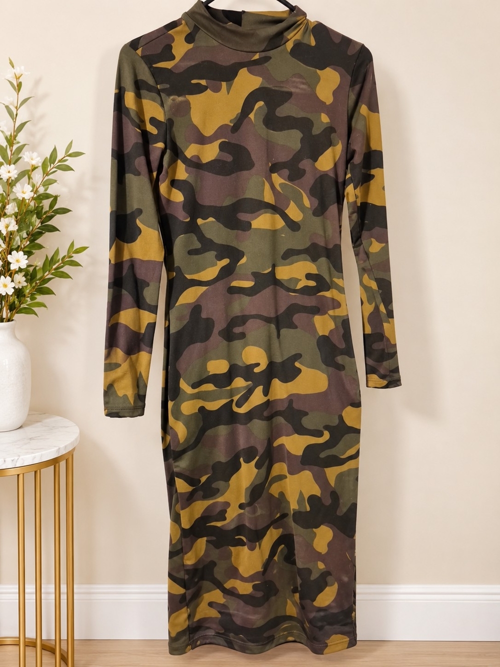 Camo Print Long Sleeve Midi Dress in Olive